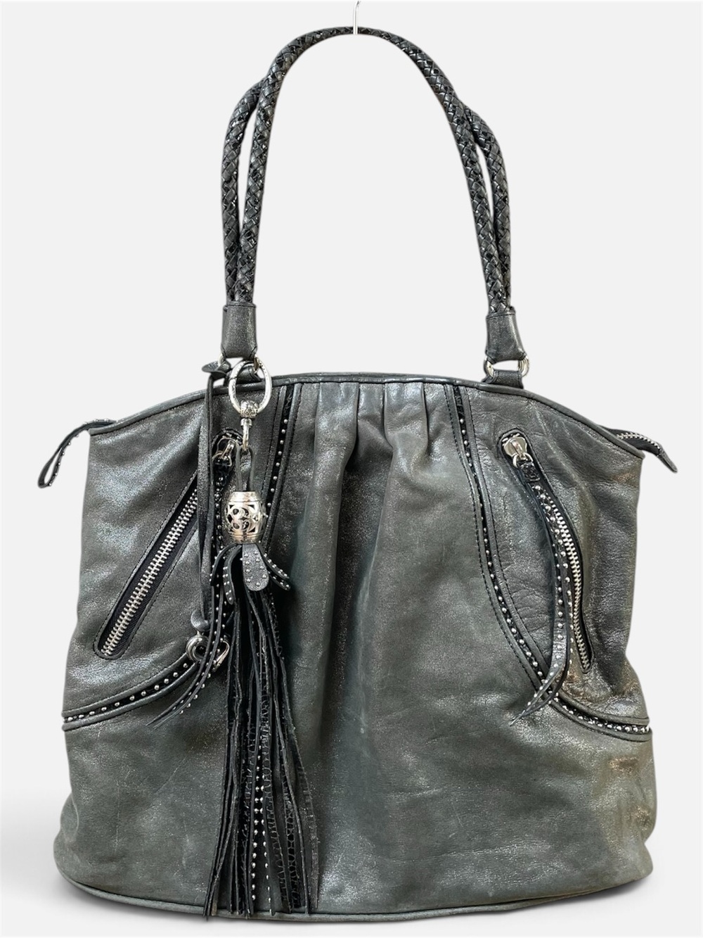 Vintage 2000s Brighton Femme Fatal Greta Gray Lrg Leather Tote Bag Studs Tassels